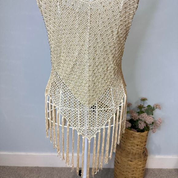 Stunning gold vintage 90s y2k sparkly beaded fringe crochet tank top - Picture 6 of 6